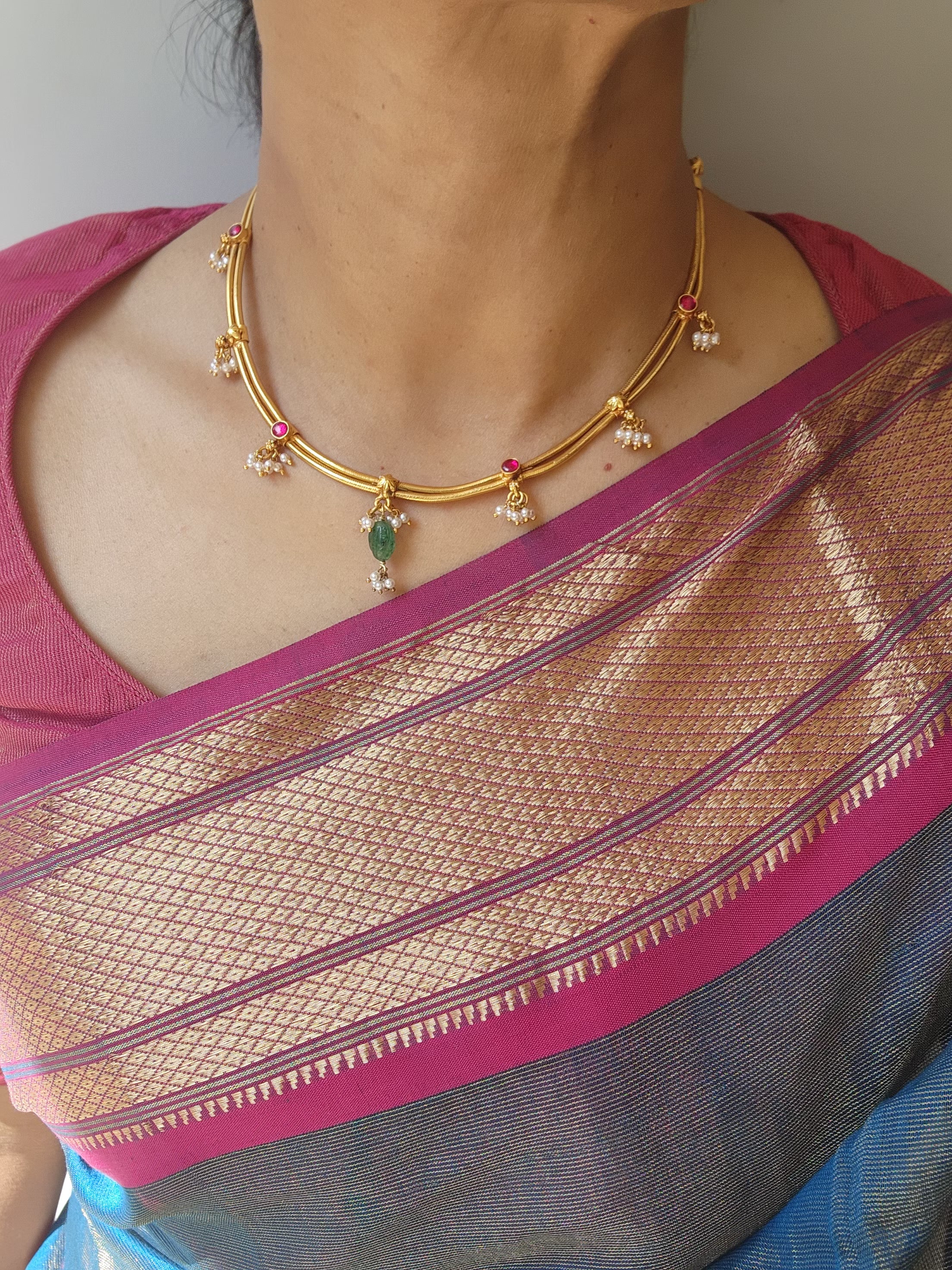 2 line gold polish chain with ruby spinel and pearls bunch-Silver Neckpiece-pl-House of Taamara