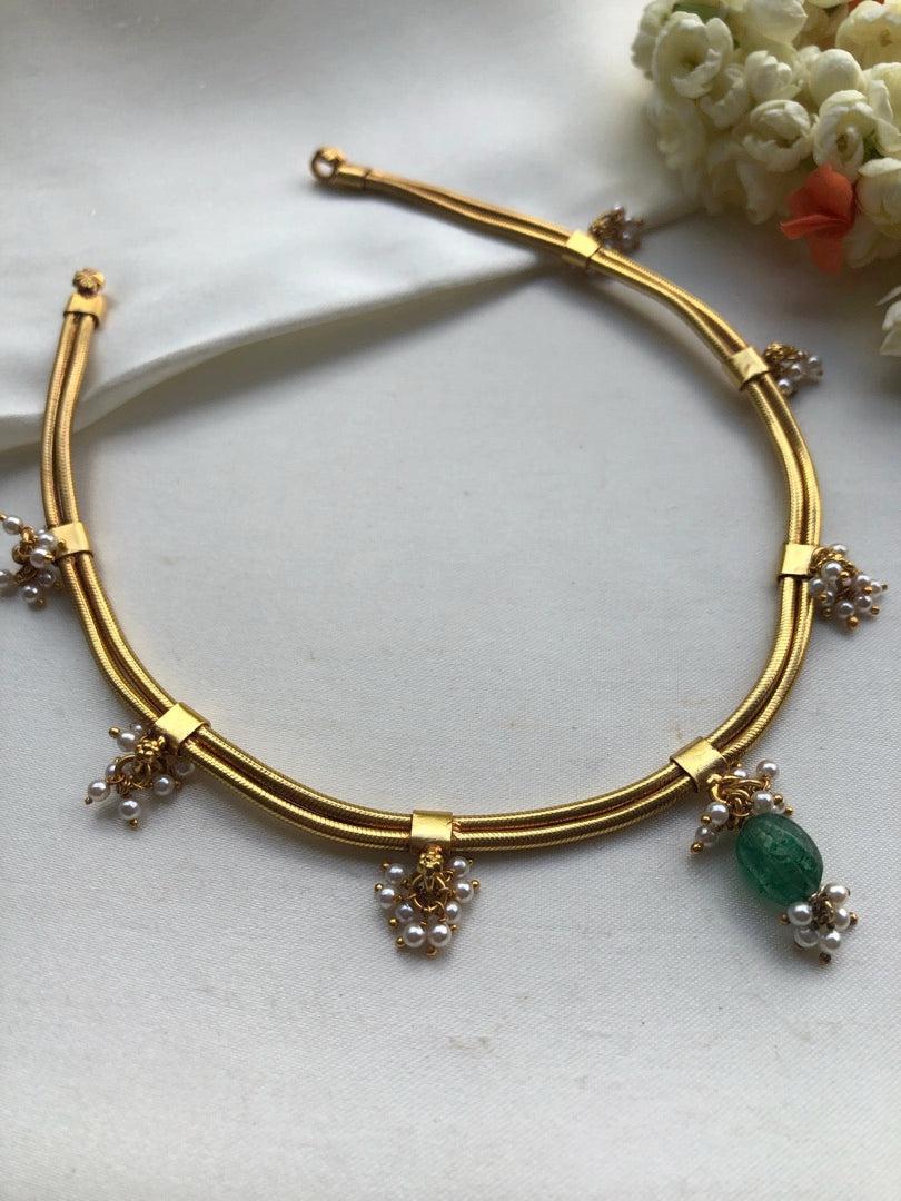 2 line gold polish necklace with pearls bunch-Silver Neckpiece-pl-House of Taamara