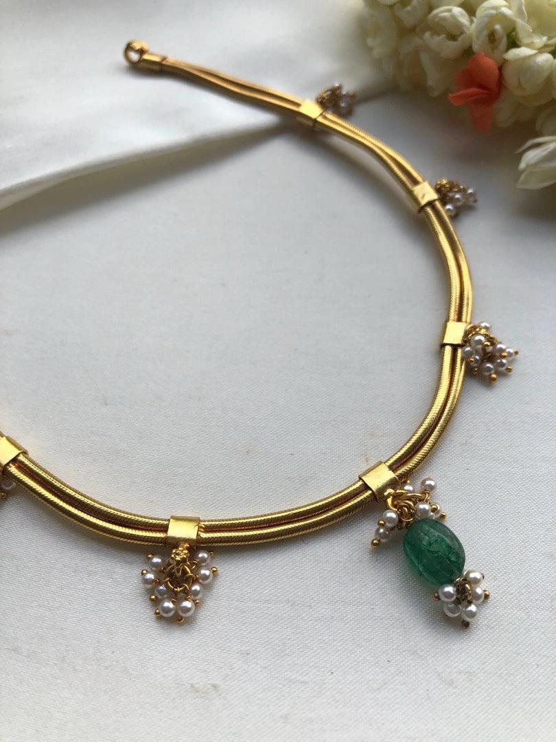 2 line gold polish necklace with pearls bunch-Silver Neckpiece-pl-House of Taamara