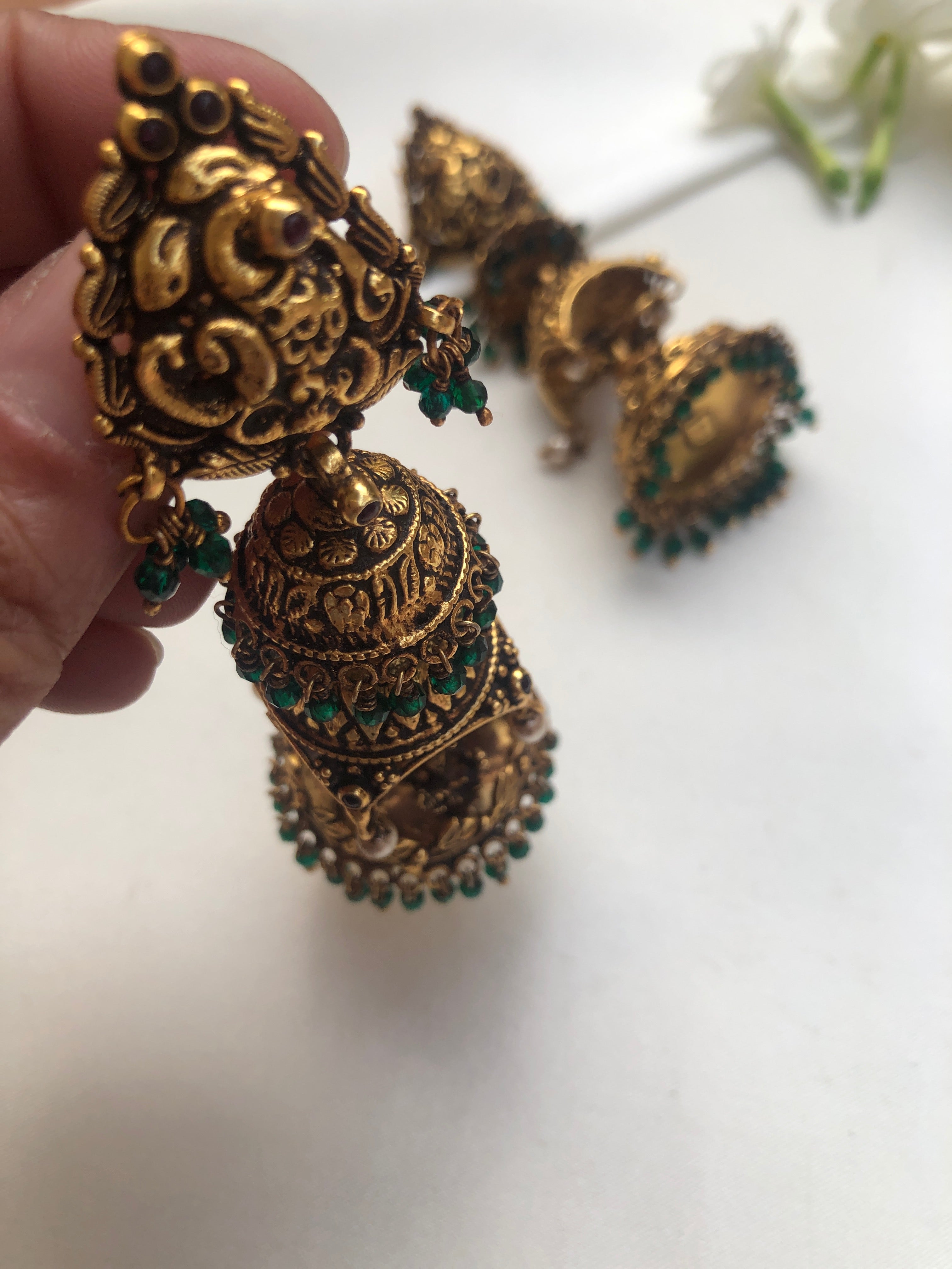 3 layer jhumkas gopuram style with nakshi carving, dark polish-Earrings-PL-House of Taamara