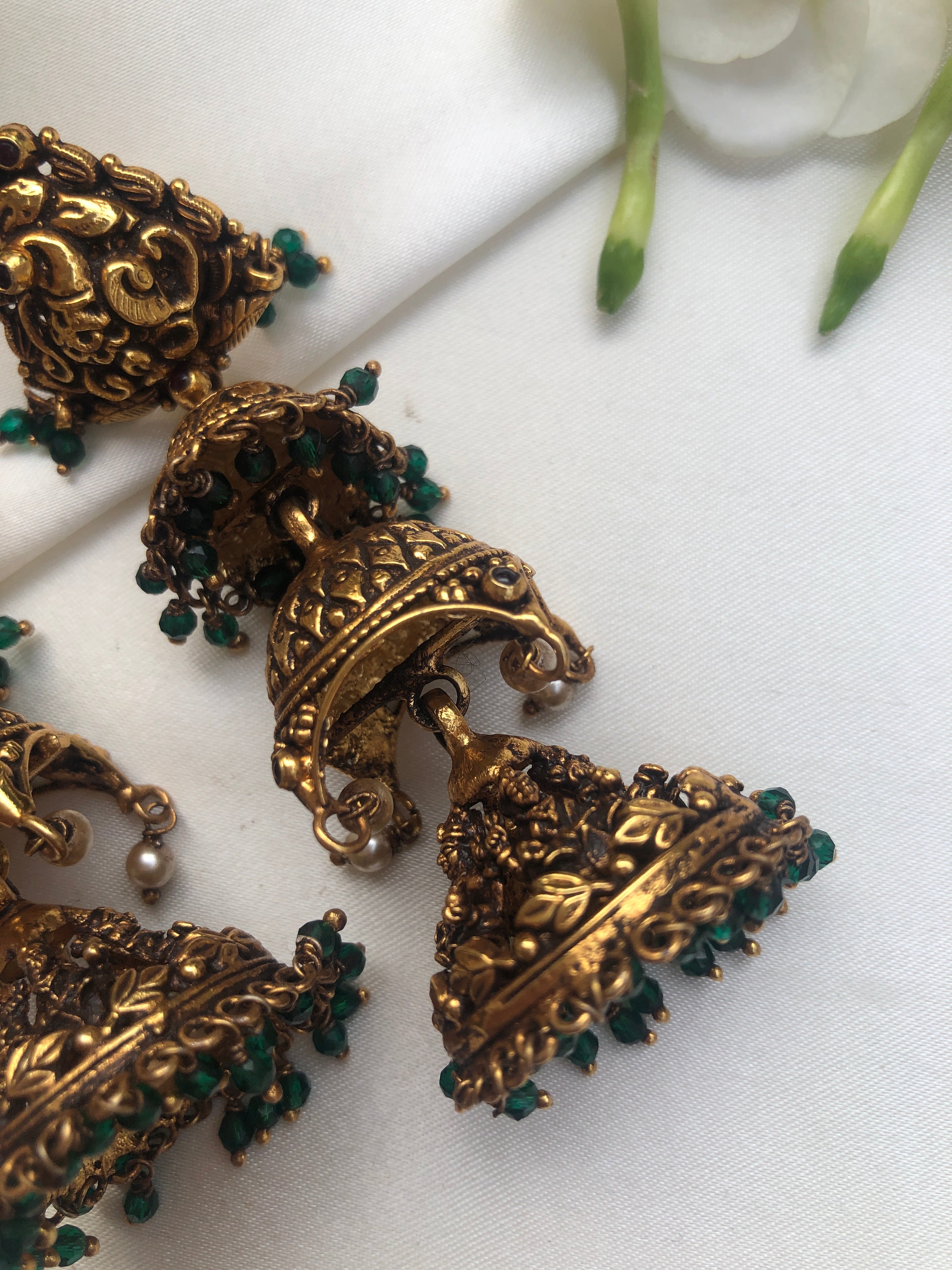 3 layer jhumkas gopuram style with nakshi carving, dark polish-Earrings-PL-House of Taamara