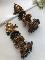 3 layer jhumkas gopuram style with nakshi carving, dark polish-Earrings-PL-House of Taamara