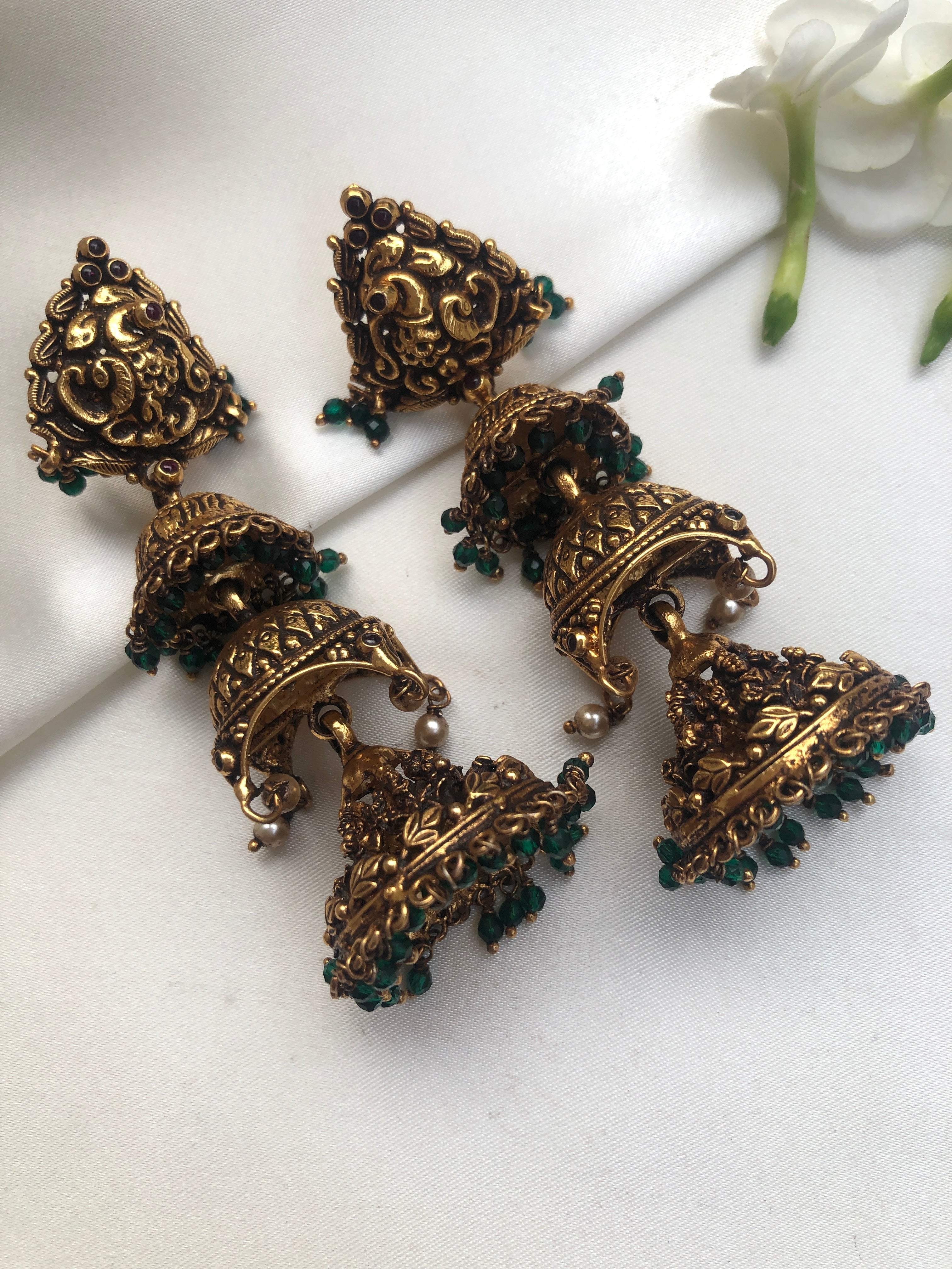 3 layer jhumkas gopuram style with nakshi carving, dark polish-Earrings-PL-House of Taamara