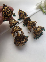 3 layer jhumkas gopuram style with nakshi carving, dark polish-Earrings-PL-House of Taamara