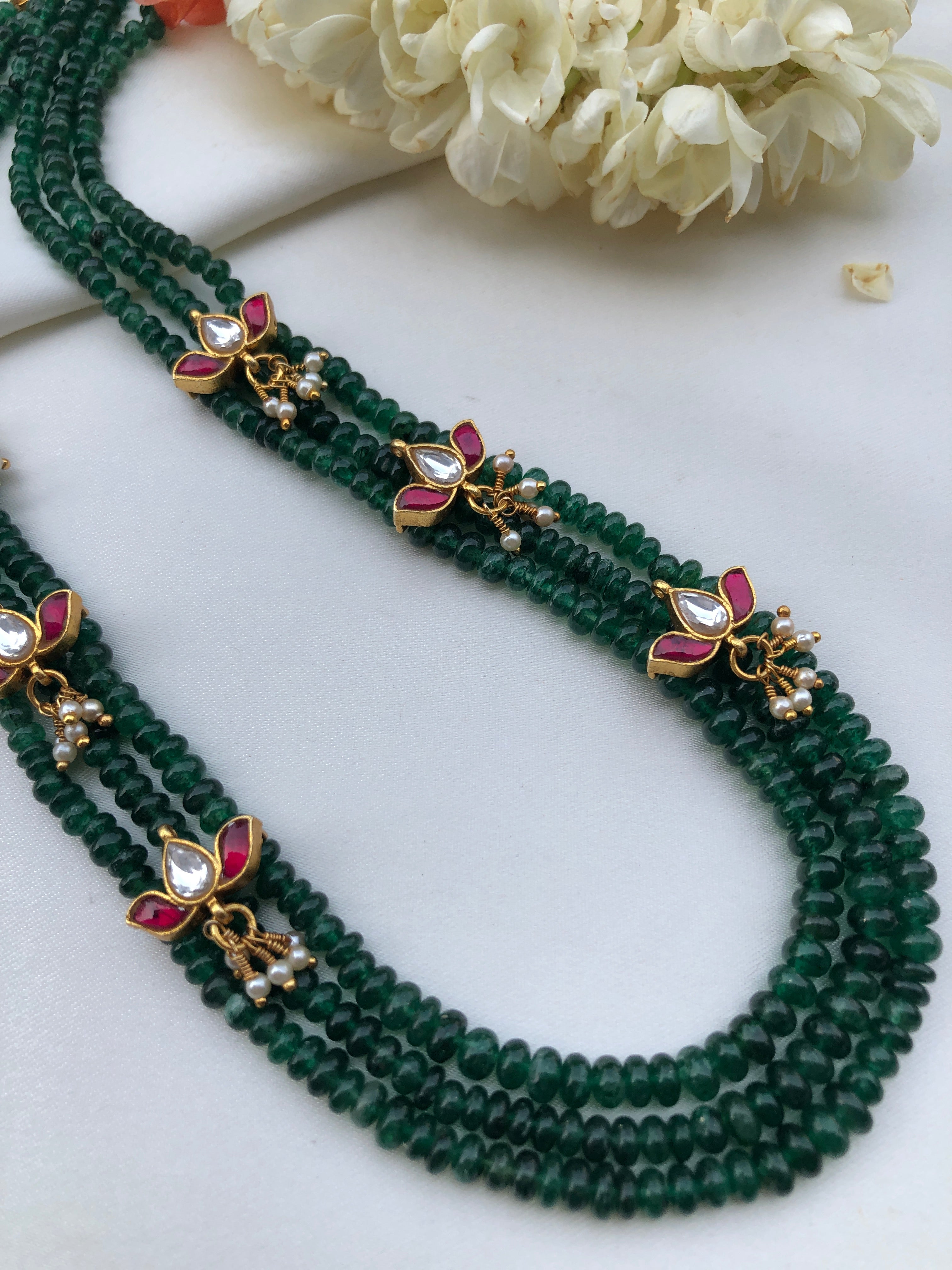 3 line Green beads with kundan lotus and pearl drops-Silver Neckpiece-PL-House of Taamara