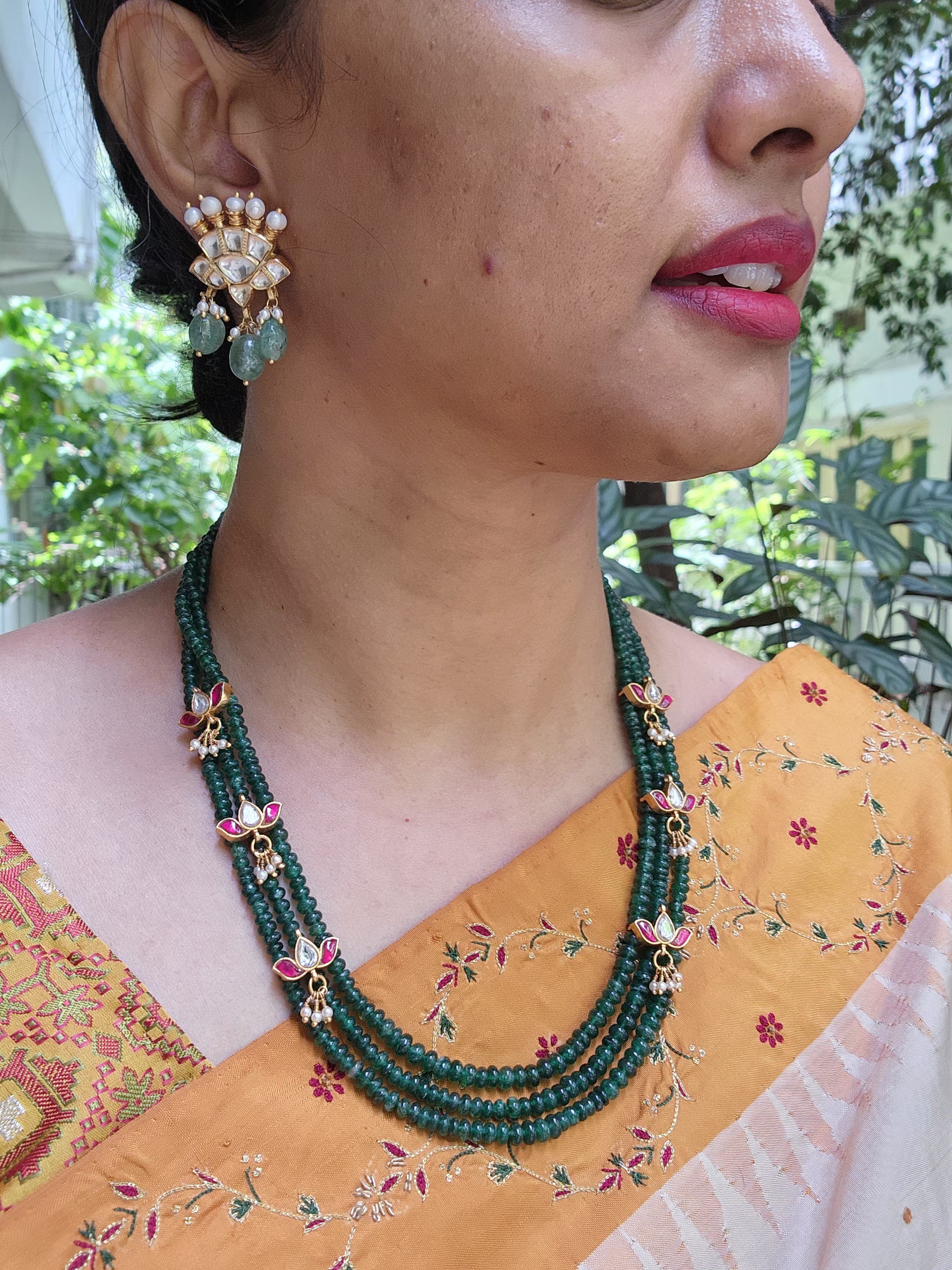 3 line Green beads with kundan lotus and pearl drops-Silver Neckpiece-PL-House of Taamara