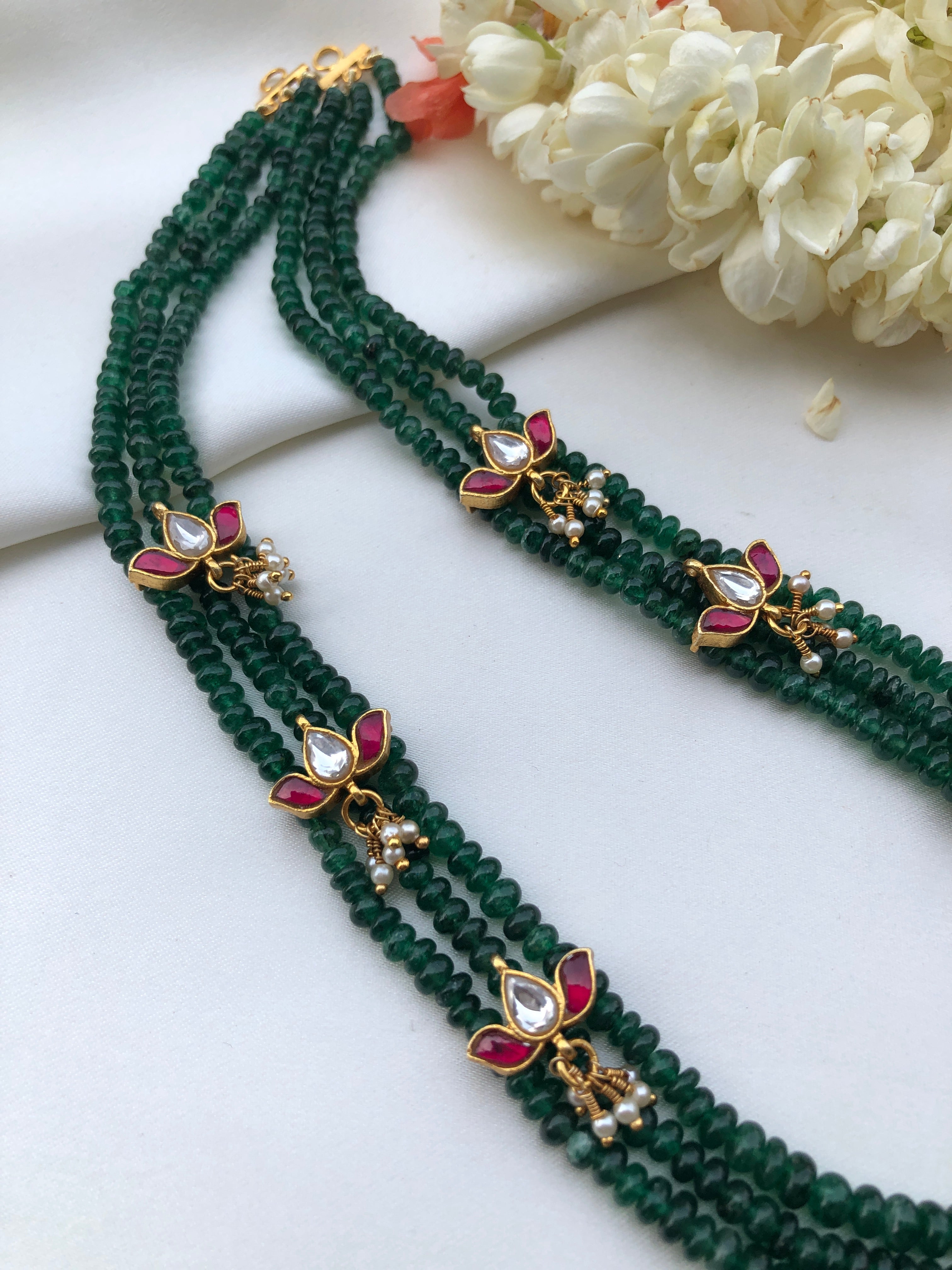 3 line Green beads with kundan lotus and pearl drops-Silver Neckpiece-PL-House of Taamara
