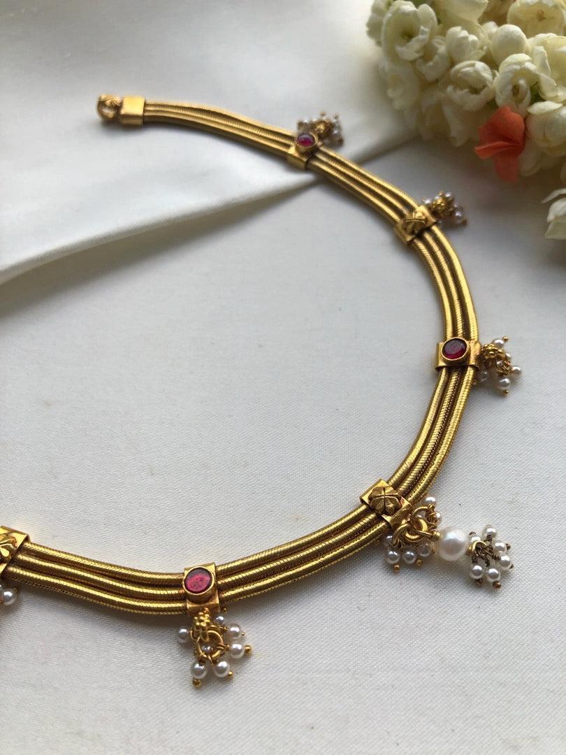 3 line gold polish necklace with ruby spinel and pearls bunch-Silver Neckpiece-pl-House of Taamara