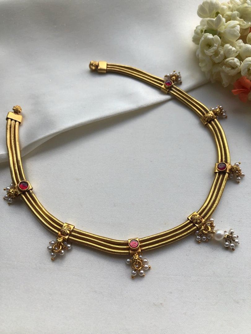 3 line gold polish necklace with ruby spinel and pearls bunch-Silver Neckpiece-pl-House of Taamara