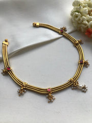 3 line gold polish necklace with ruby spinel and pearls bunch-Silver Neckpiece-pl-House of Taamara
