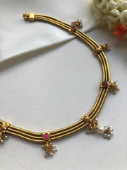 3 line gold polish necklace with ruby spinel and pearls bunch-Silver Neckpiece-pl-House of Taamara
