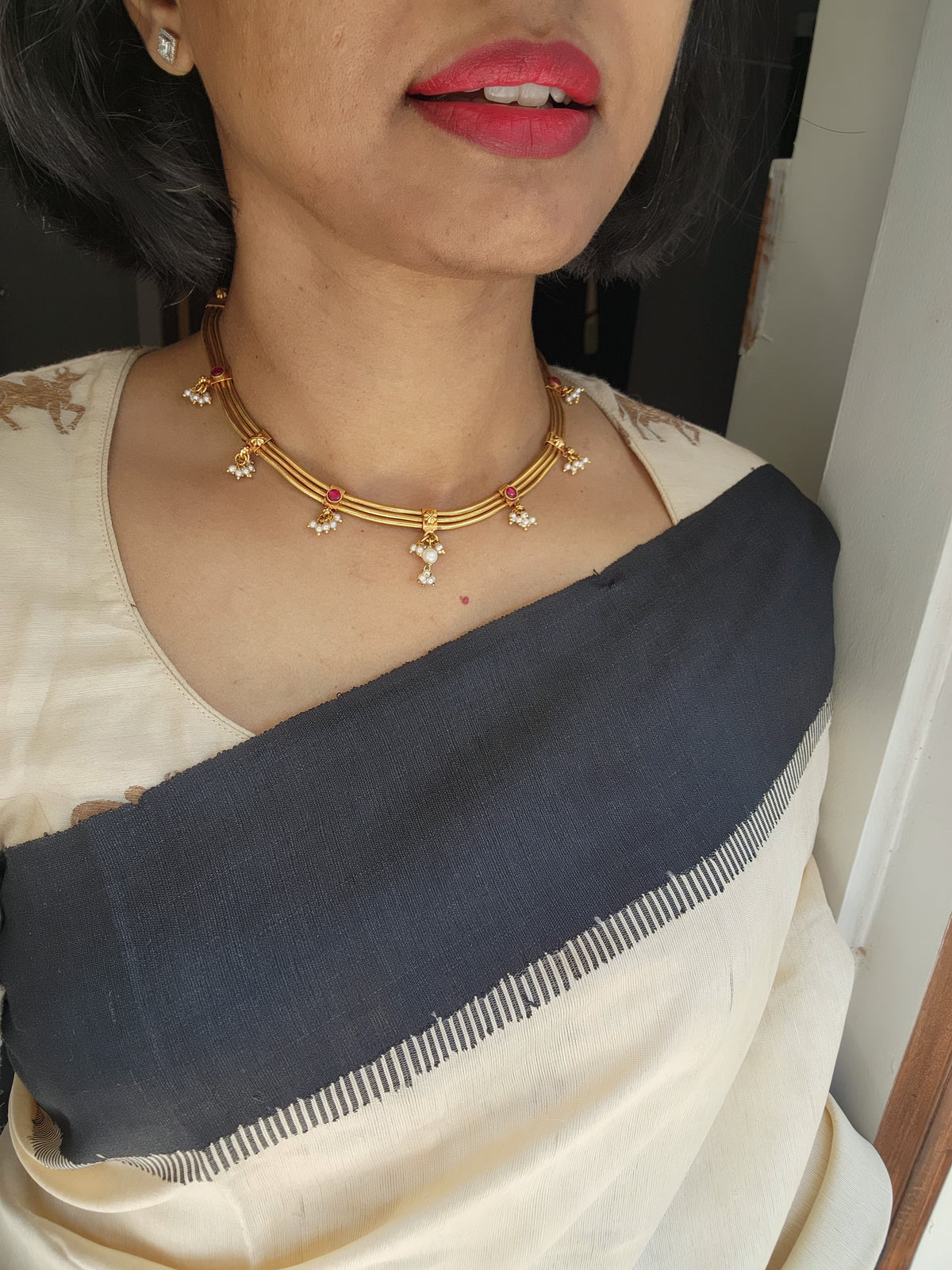 3 line gold polish necklace with ruby spinel and pearls bunch-Silver Neckpiece-pl-House of Taamara