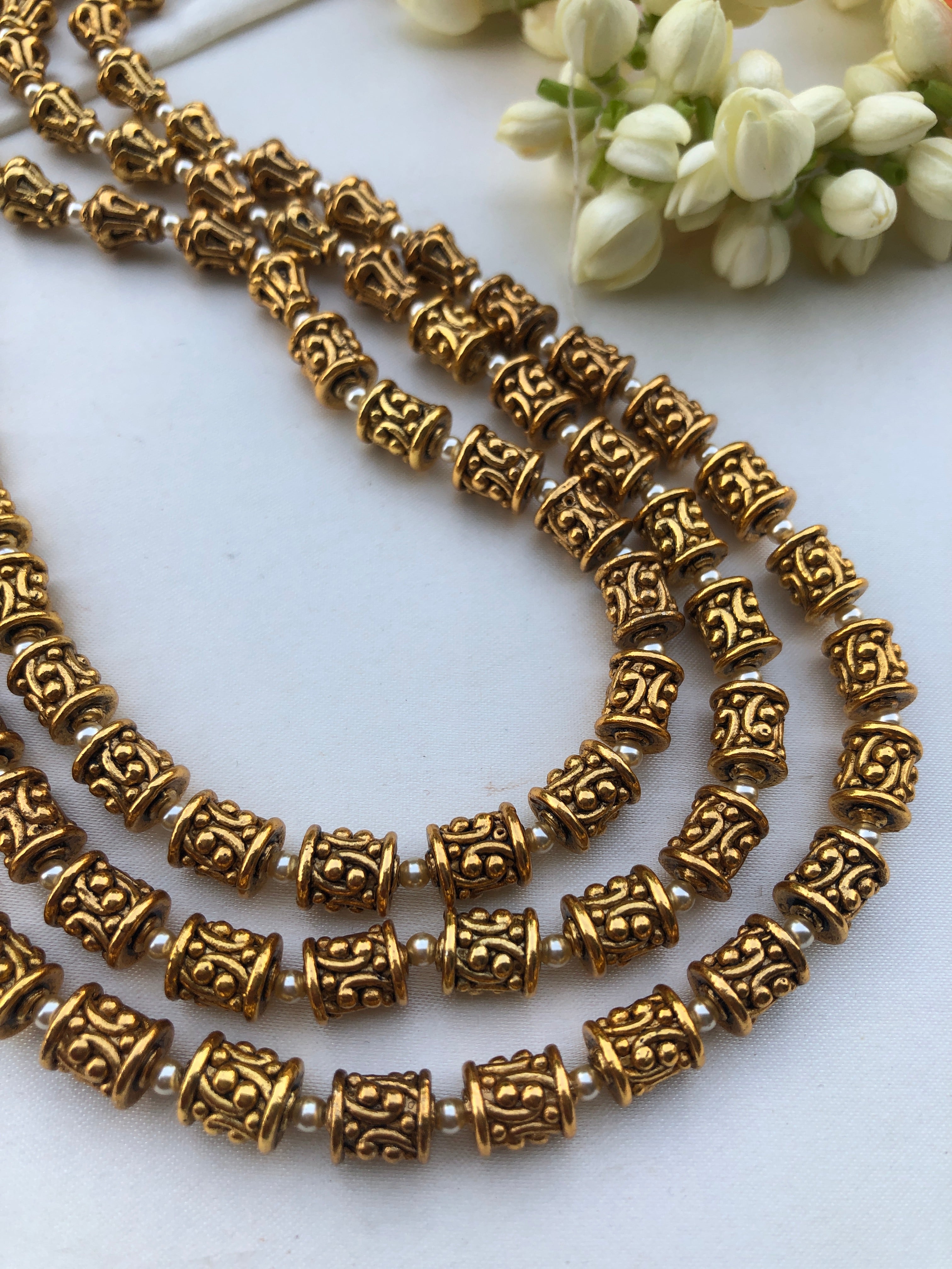 3 line layered Gundu beads necklace-Silver Neckpiece-PL-House of Taamara