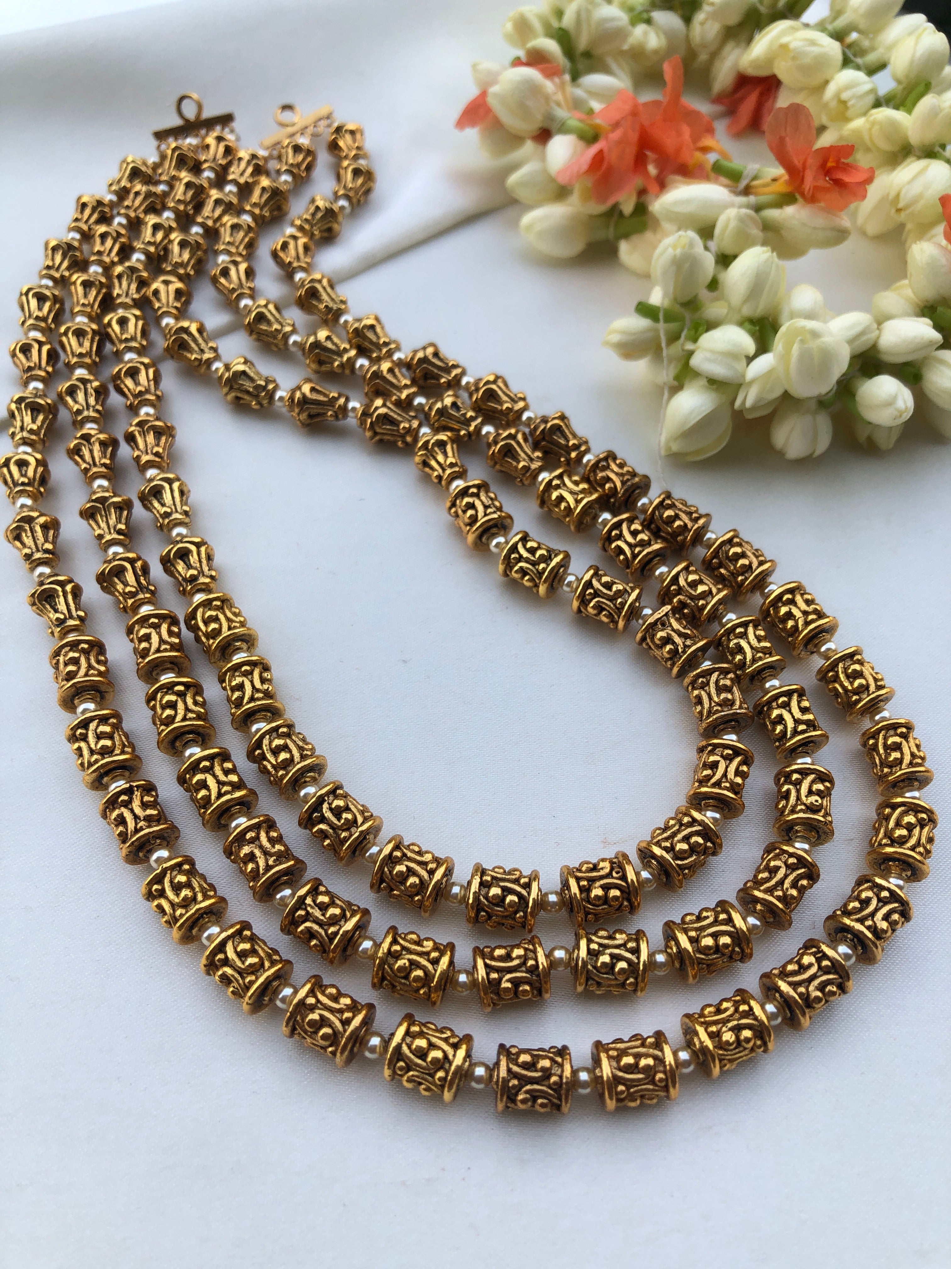 3 line layered Gundu beads necklace-Silver Neckpiece-PL-House of Taamara