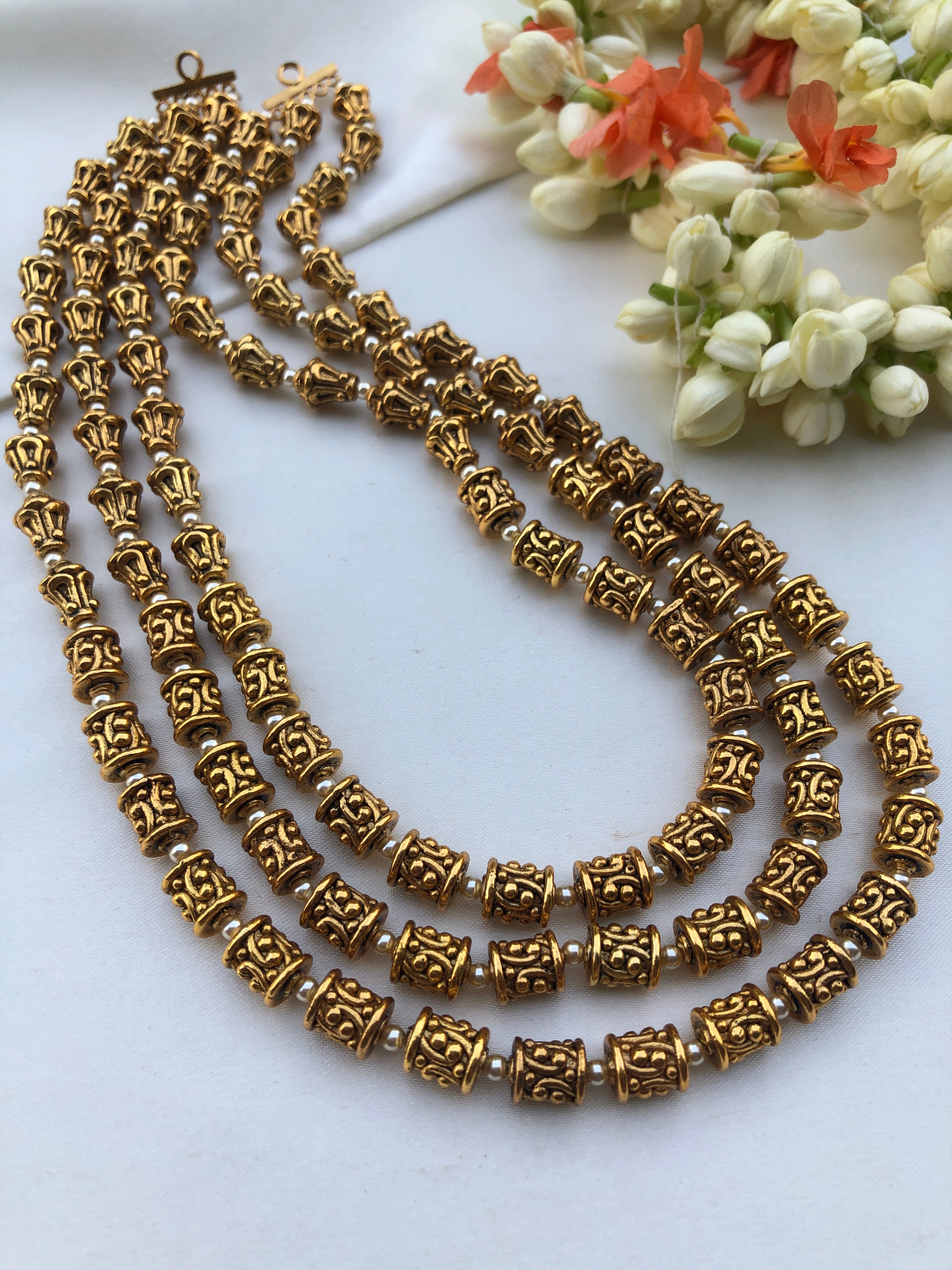 3 line layered Gundu beads necklace-Silver Neckpiece-PL-House of Taamara