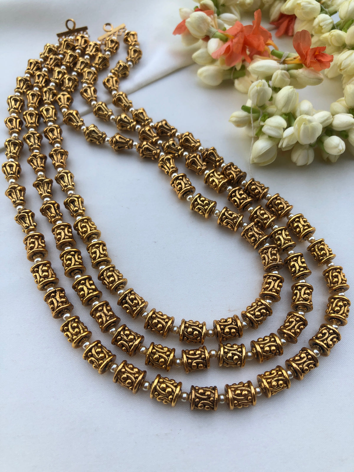 3 line layered Gundu beads necklace-Silver Neckpiece-PL-House of Taamara