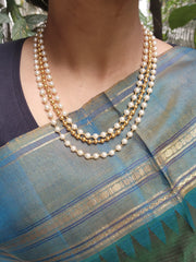 3 line necklace with pearls & gold polish gundu beads-Silver Neckpiece-PL-House of Taamara