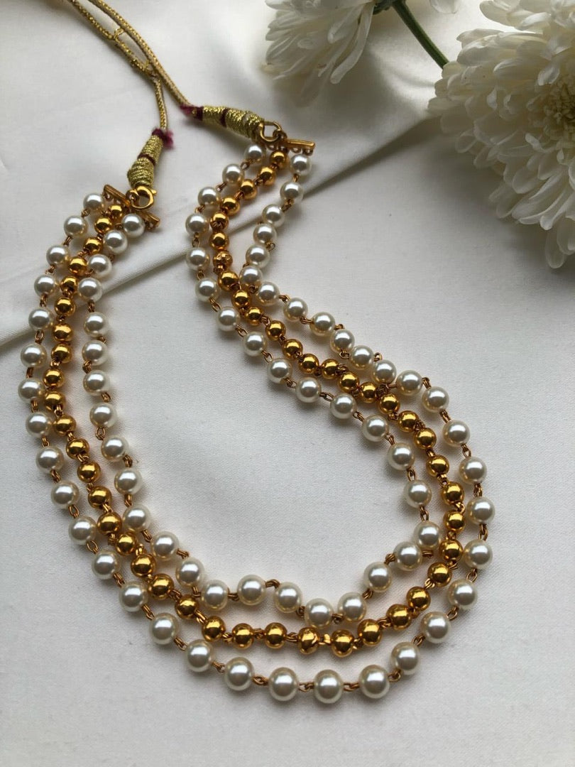 3 line necklace with pearls & gold polish gundu beads-Silver Neckpiece-PL-House of Taamara