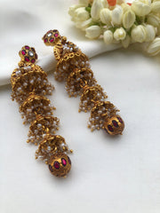 4 layered jhumkas with antique kundan bead drop-Earrings-PL-House of Taamara