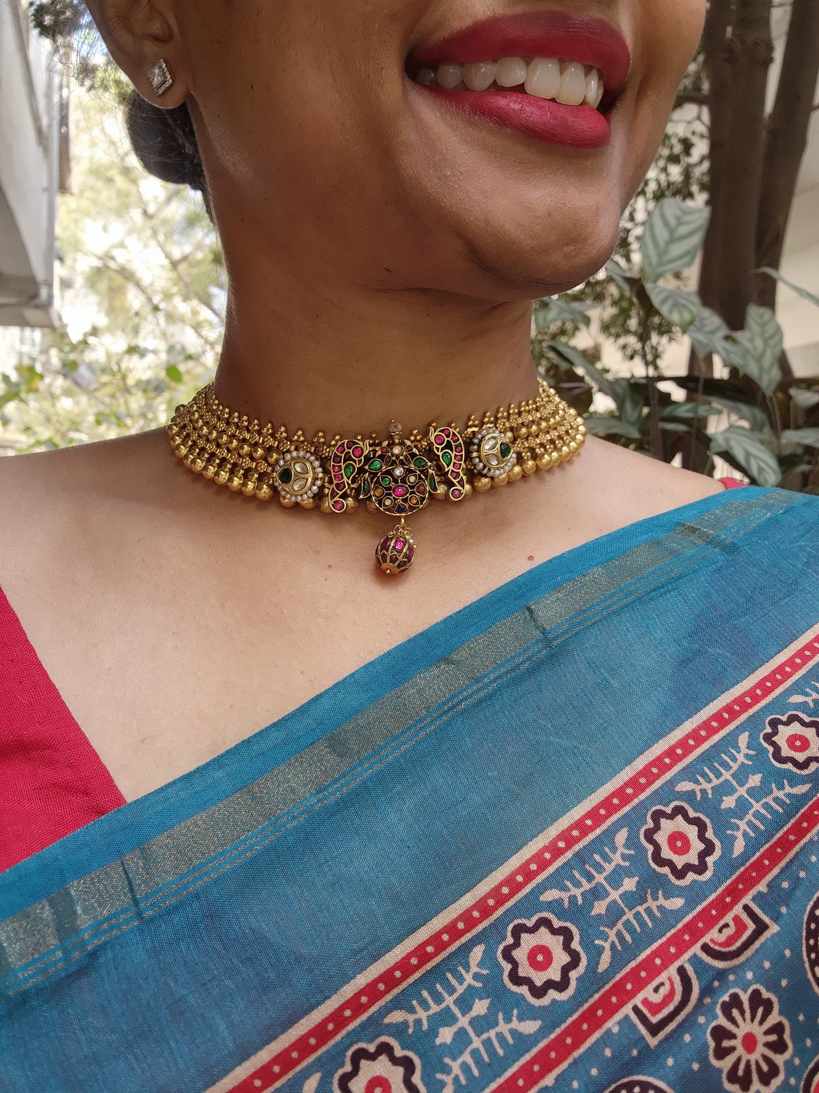 Gold polish fusion necklace with navrathana, ruby & emerald kundan with pearls