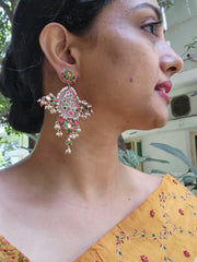 Agate & kundan intricate work earrings with pearls bunch & coral beads-Earrings-PL-House of Taamara