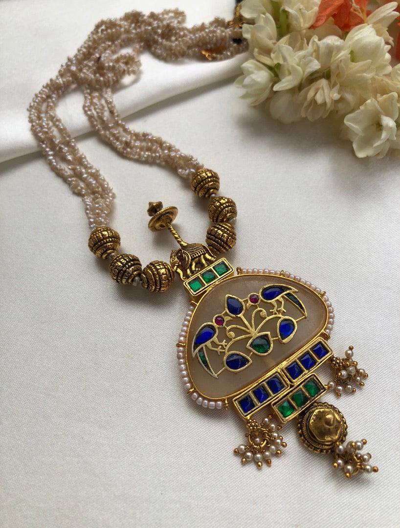 Agate kundan pendant with gold polish beads & pearls mala (Made to order)-Silver Neckpiece-PL-House of Taamara