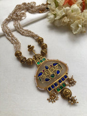 Agate kundan pendant with gold polish beads & pearls mala (Made to order)-Silver Neckpiece-PL-House of Taamara