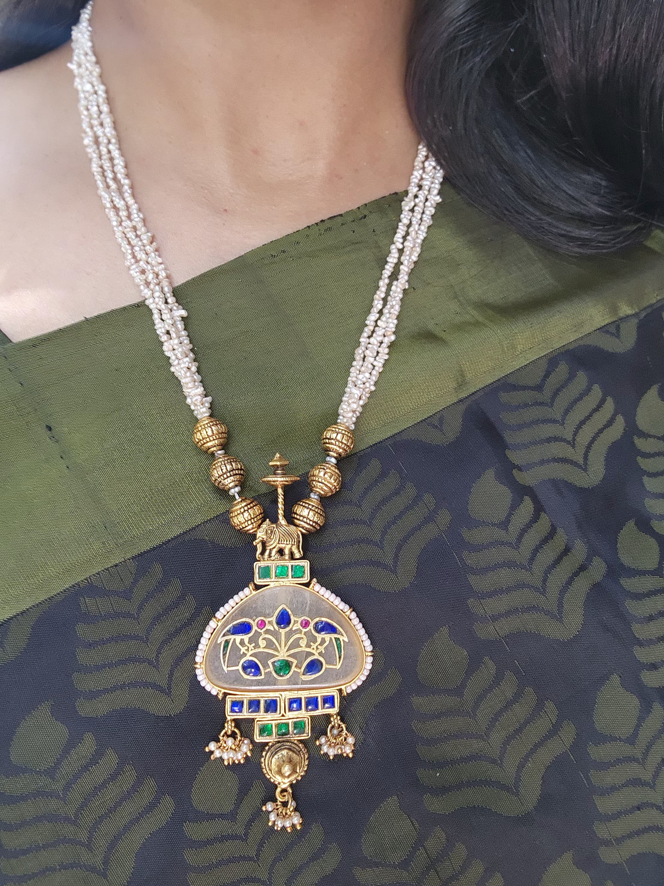 Agate kundan pendant with gold polish beads & pearls mala (Made to order)-Silver Neckpiece-PL-House of Taamara