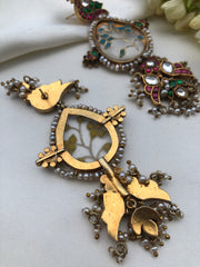 Agate & kundan with turquoise earrings with pearls bunch-Earrings-PL-House of Taamara