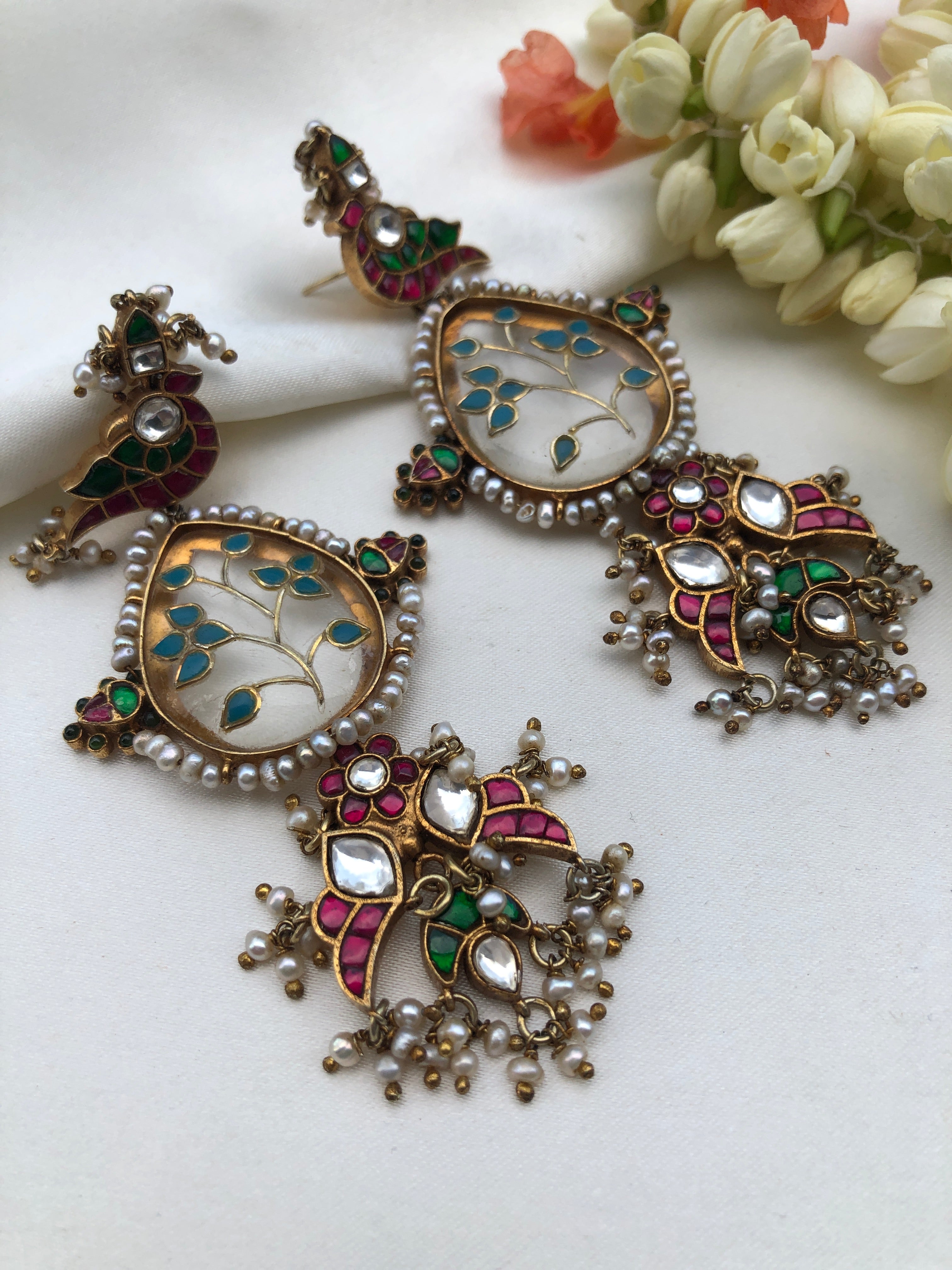 Agate & kundan with turquoise earrings with pearls bunch-Earrings-PL-House of Taamara