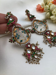 Agate & kundan with turquoise earrings with pearls bunch-Earrings-PL-House of Taamara
