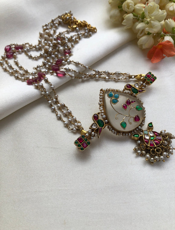 Agate necklace with semi precious kundan & pearls bunch chain-Silver Neckpiece-PL-House of Taamara