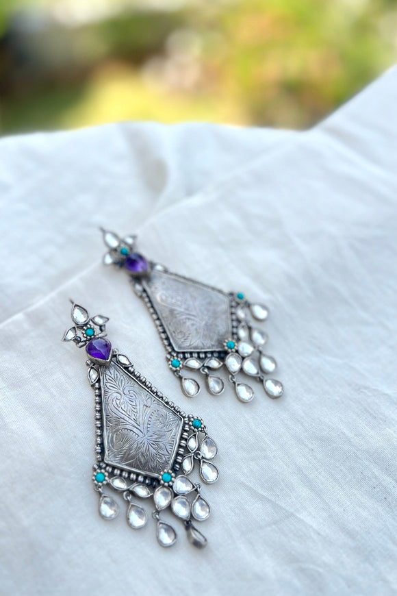 Amethyst and turquoise statement earring-Silver earrings-EZ-House of Taamara