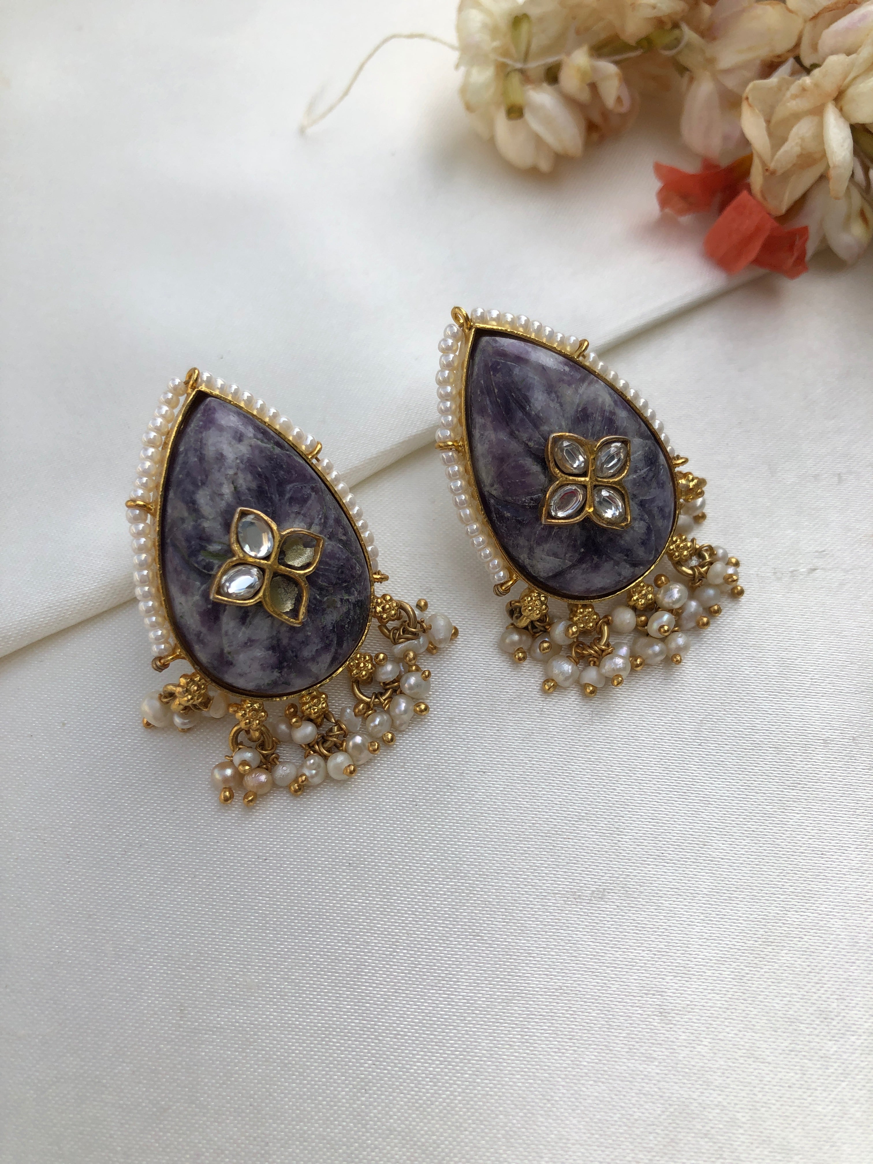 Amethyst carved stone with kundan inlay work & pearls bunch-Earrings-PL-House of Taamara