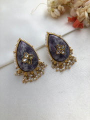 Amethyst carved stone with kundan inlay work & pearls bunch-Earrings-PL-House of Taamara