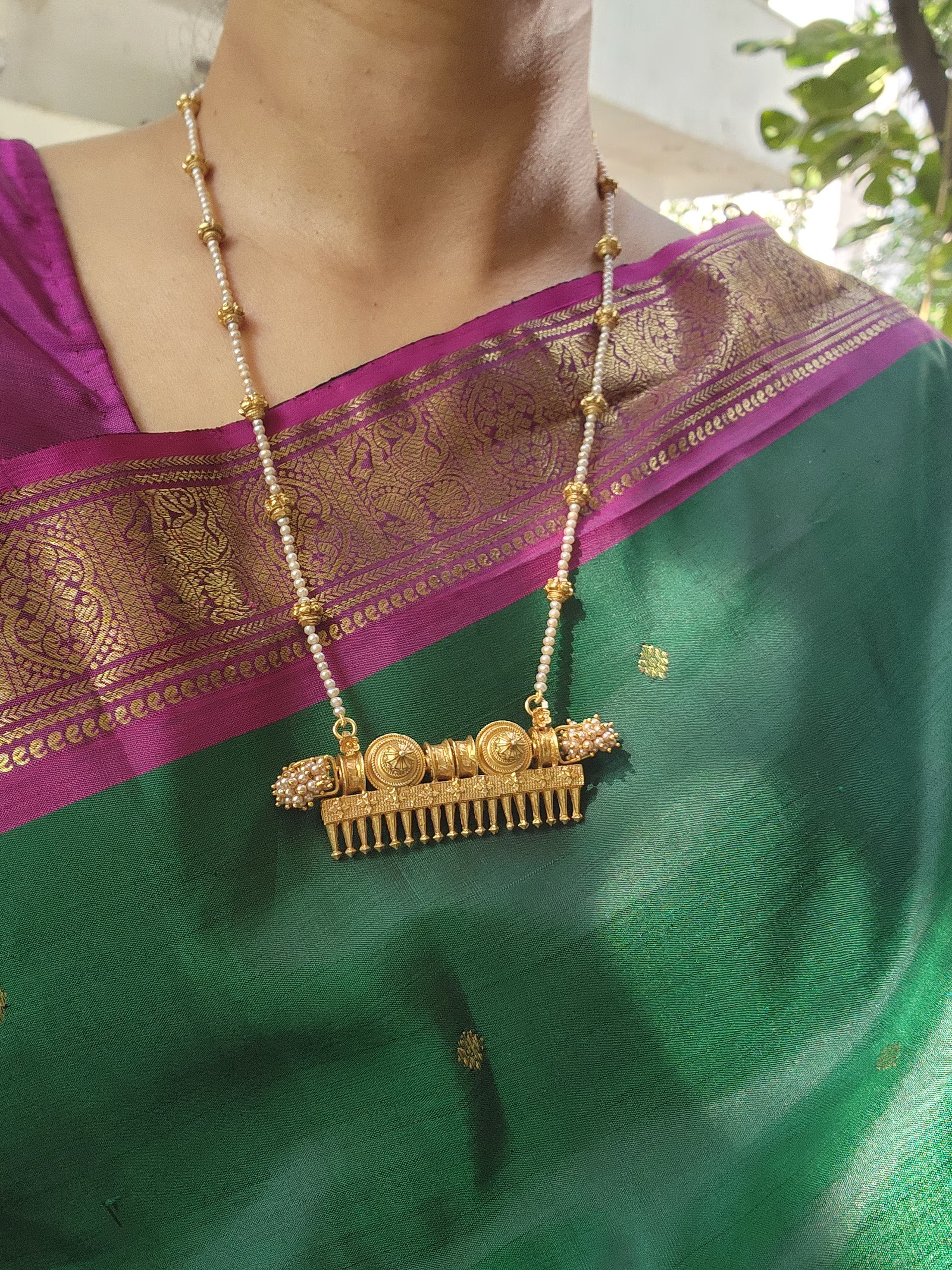 Antique Comb style pendant with pearls chain-Silver Neckpiece-PL-House of Taamara