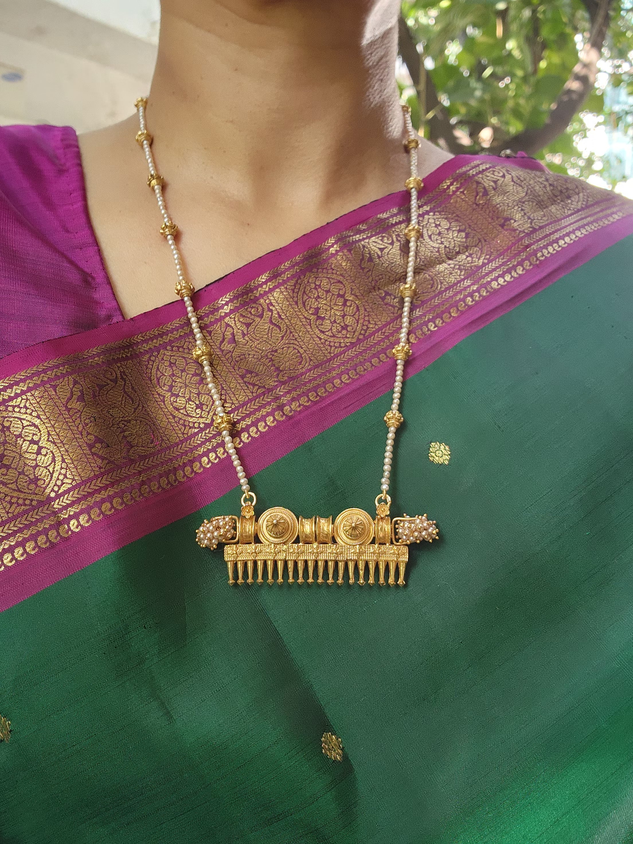 Antique Comb style pendant with pearls chain-Silver Neckpiece-PL-House of Taamara