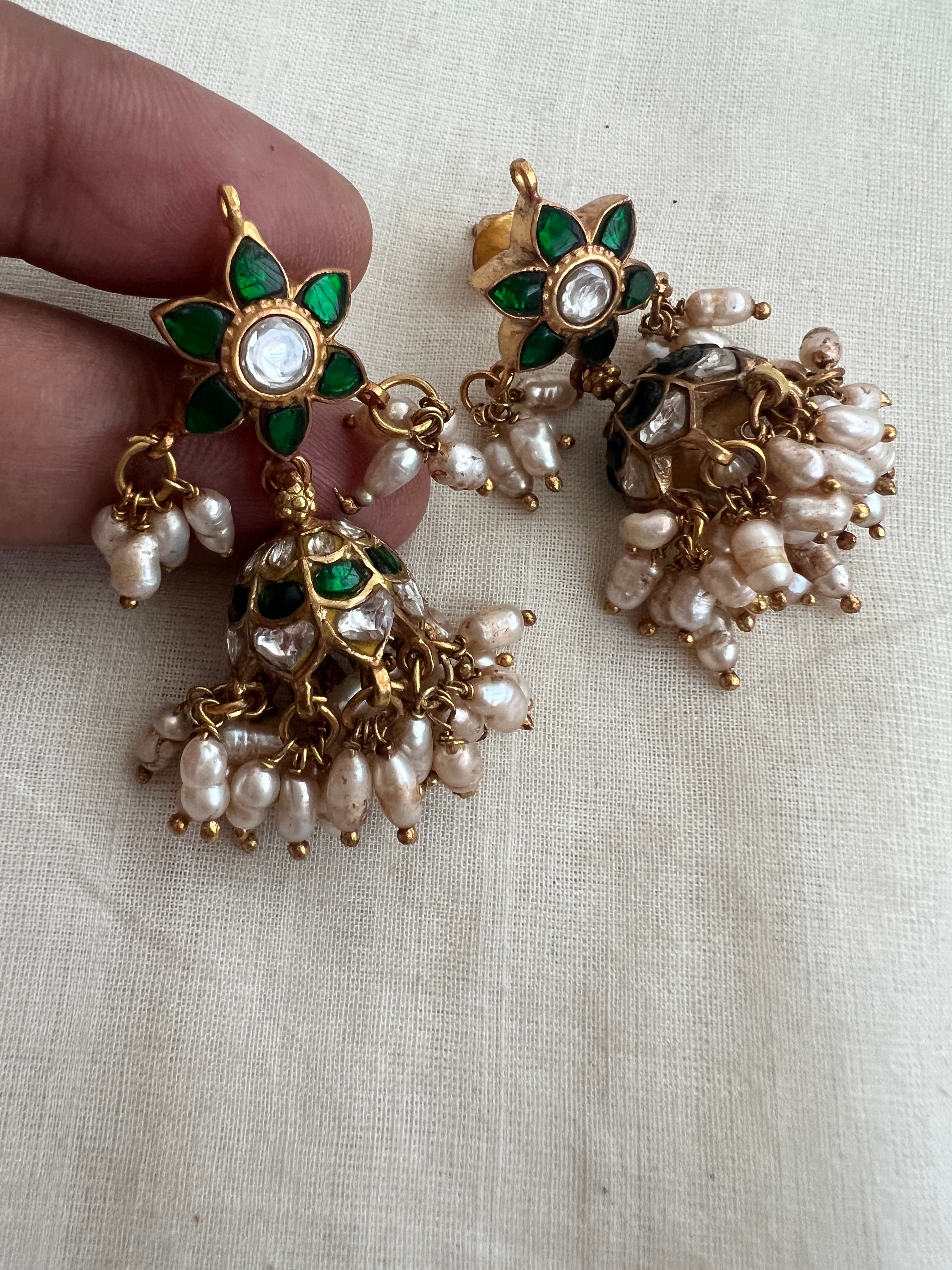 Antique Gold Polish Kundan & Emerald Jhumkas With Pearls (MADE TO ORDER)-Earrings-CI-House of Taamara