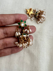 Antique Gold Polish Kundan & Emerald Jhumkas With Pearls (MADE TO ORDER)-Earrings-CI-House of Taamara