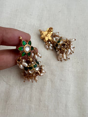 Antique Gold Polish Kundan & Emerald Jhumkas With Pearls (MADE TO ORDER)-Earrings-CI-House of Taamara