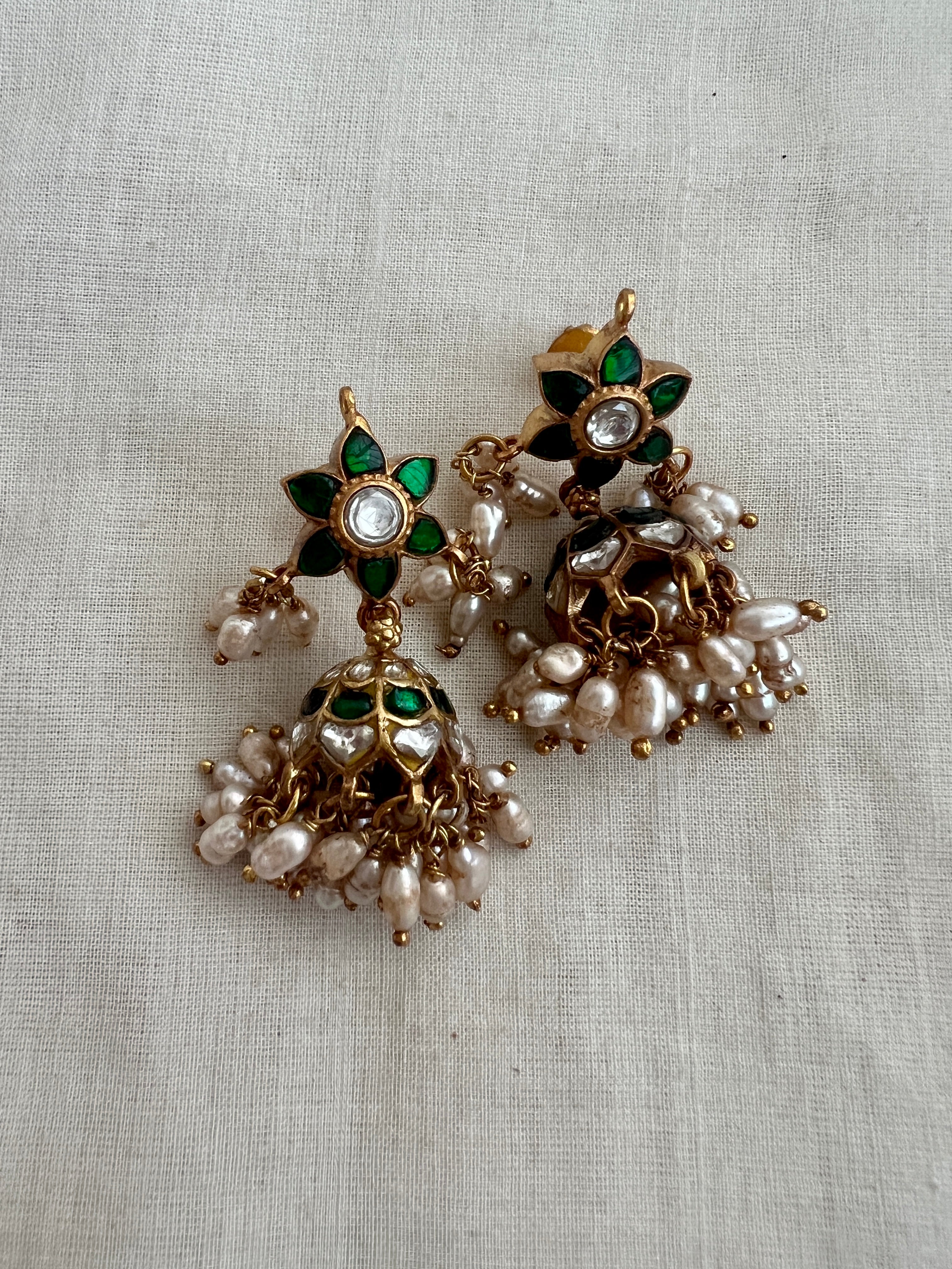 Antique Gold Polish Kundan & Emerald Jhumkas With Pearls (MADE TO ORDER)-Earrings-CI-House of Taamara