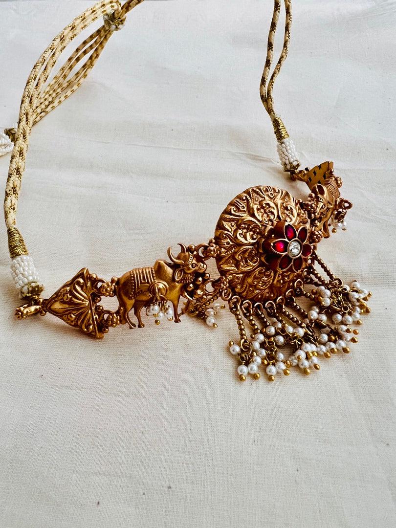 Antique Gold Polish Kundan Ruby Choker With Cow Motif-Silver Neckpiece-CI-House of Taamara