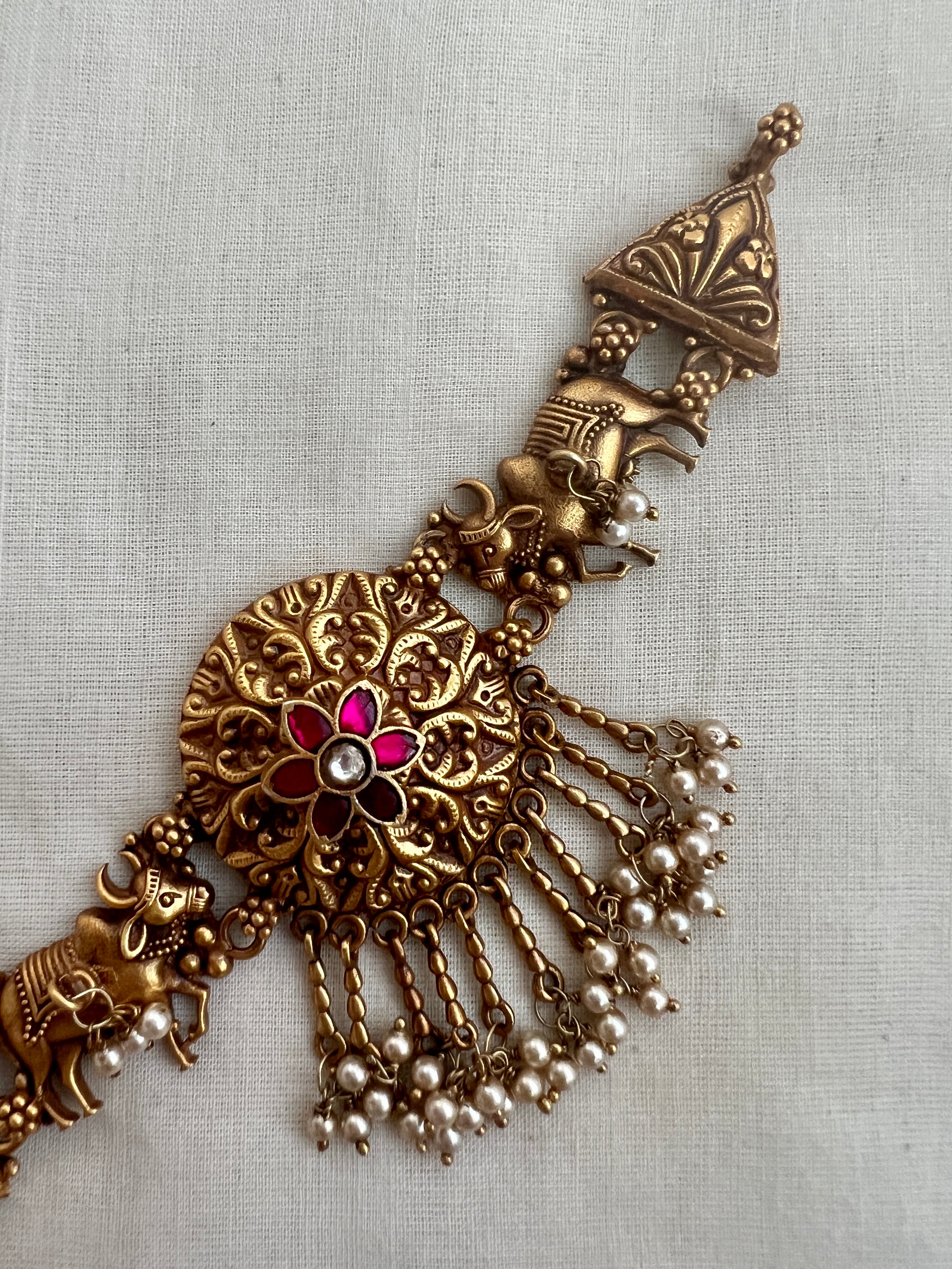 Antique Gold Polish Kundan Ruby Choker With Cow Motif-Silver Neckpiece-CI-House of Taamara