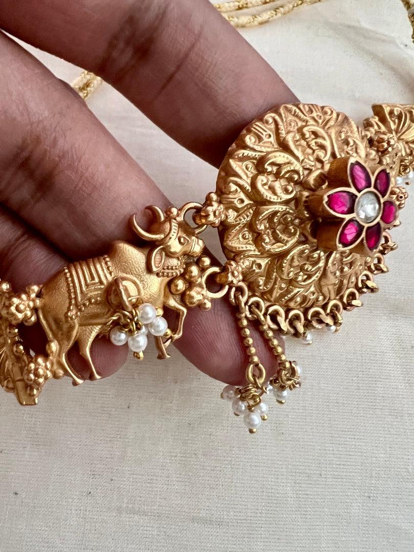 Antique Gold Polish Kundan Ruby Choker With Cow Motif-Silver Neckpiece-CI-House of Taamara