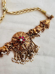 Antique Gold Polish Kundan Ruby Choker With Cow Motif-Silver Neckpiece-CI-House of Taamara