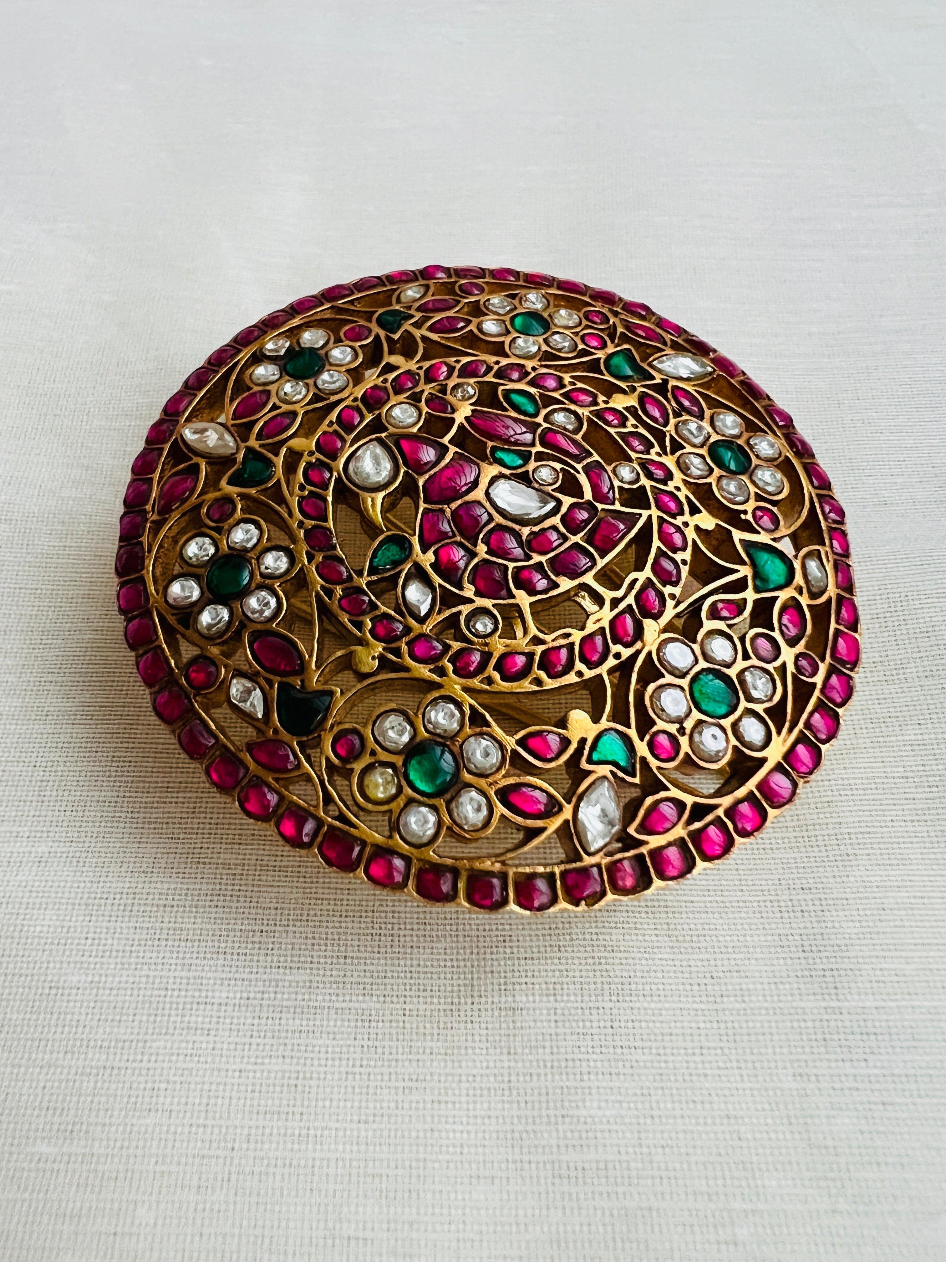 Antique Gold Polish Kundan, Ruby & Emerald Peacock Hair Clip/ Jade Billa (MADE TO ORDER)-Silver Neckpiece-CI-House of Taamara
