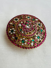 Antique Gold Polish Kundan, Ruby & Emerald Peacock Hair Clip/ Jade Billa (MADE TO ORDER)-Silver Neckpiece-CI-House of Taamara