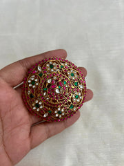 Antique Gold Polish Kundan, Ruby & Emerald Peacock Hair Clip/ Jade Billa (MADE TO ORDER)-Silver Neckpiece-CI-House of Taamara