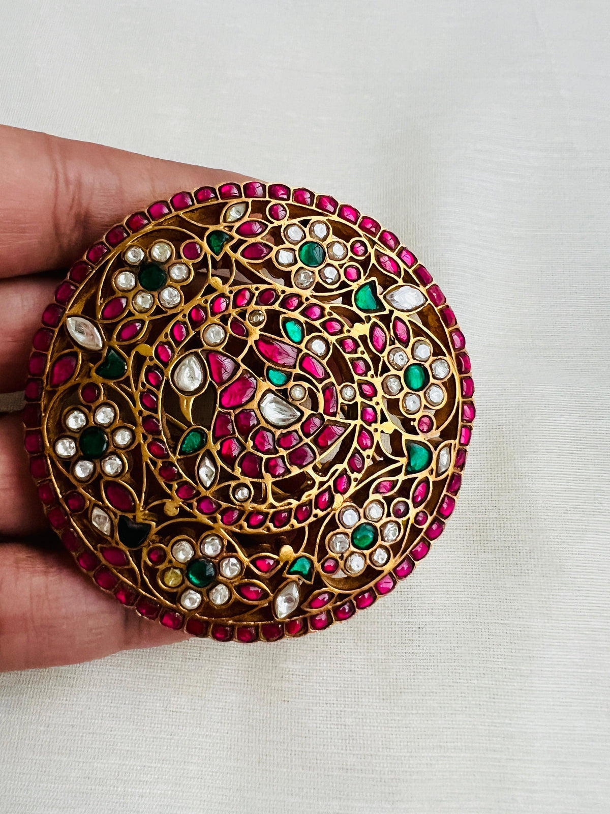 Antique Gold Polish Kundan, Ruby & Emerald Peacock Hair Clip/ Jade Billa (MADE TO ORDER)-Silver Neckpiece-CI-House of Taamara