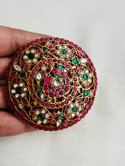 Antique Gold Polish Kundan, Ruby & Emerald Peacock Hair Clip/ Jade Billa (MADE TO ORDER)-Silver Neckpiece-CI-House of Taamara